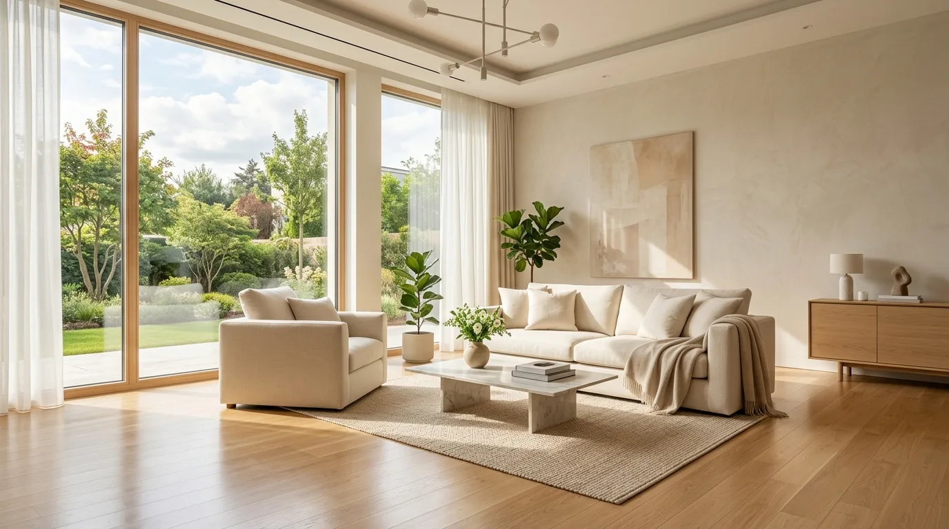 A beautifully lit, immaculate living room with stylish, modern furniture and soft sunlight streaming in.. Establish the premium visual standard and desired outcome.