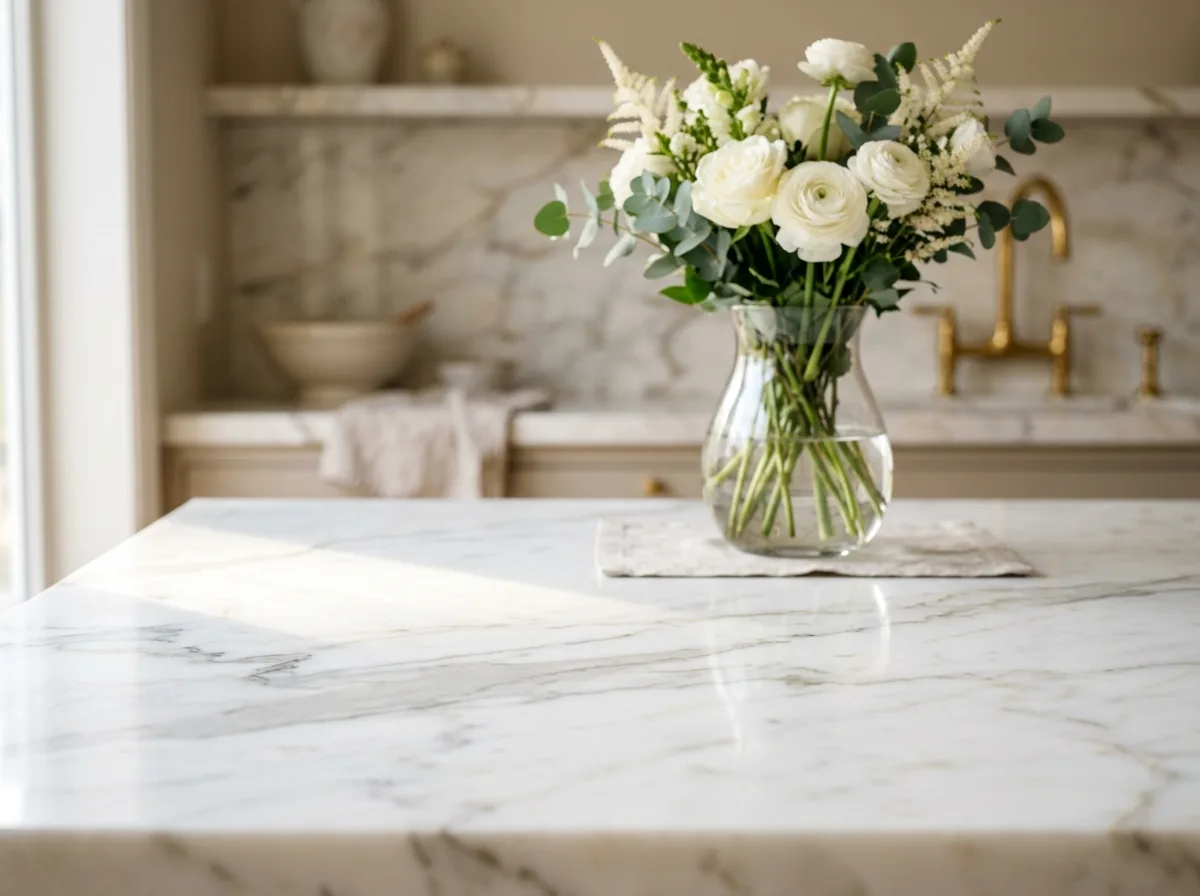 A close-up of a perfectly arranged, spotless dining table or a sparkling clean kitchen counter with a vase of fresh flowers.. Showcase attention to detail and premium care.